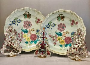 Pair of Chinese Export Porcelain Famille Rose silver shape chargers~1767~ with Dutch Arms of Temmick and Dane. Czech Rhinestone Crystal Trees, circa 1930’s.